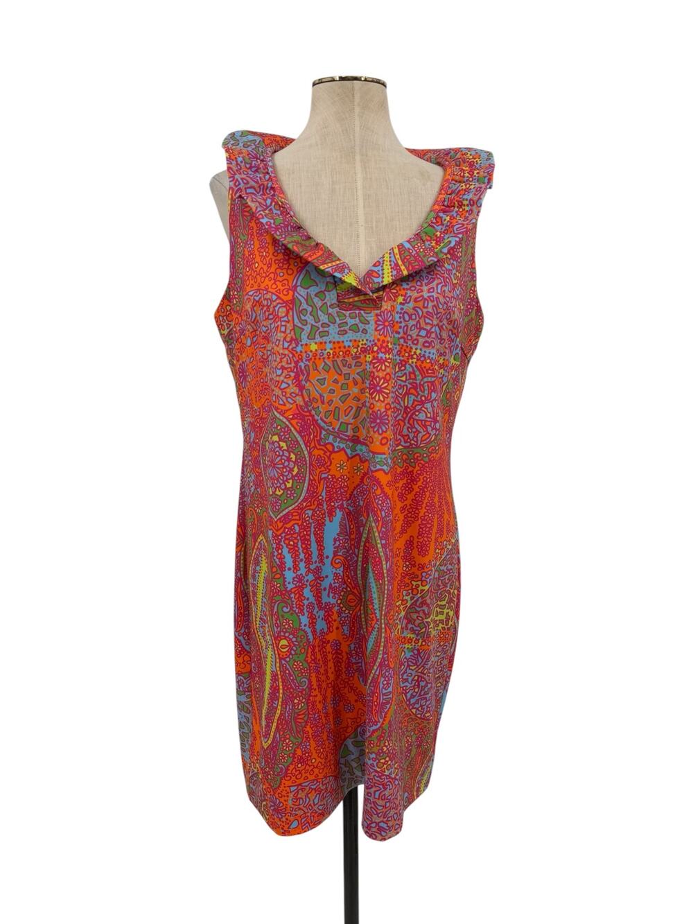 Gretchen Scott Ruffneck Paisley Sleeveless Shift Dress Orange Multi Size Medium